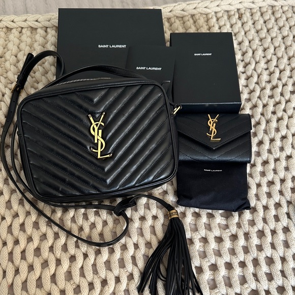 Saint Laurent Handbags - Saint Laurent Black Chevron Quilted Leather Camera Bag and Small Envelope Wallet